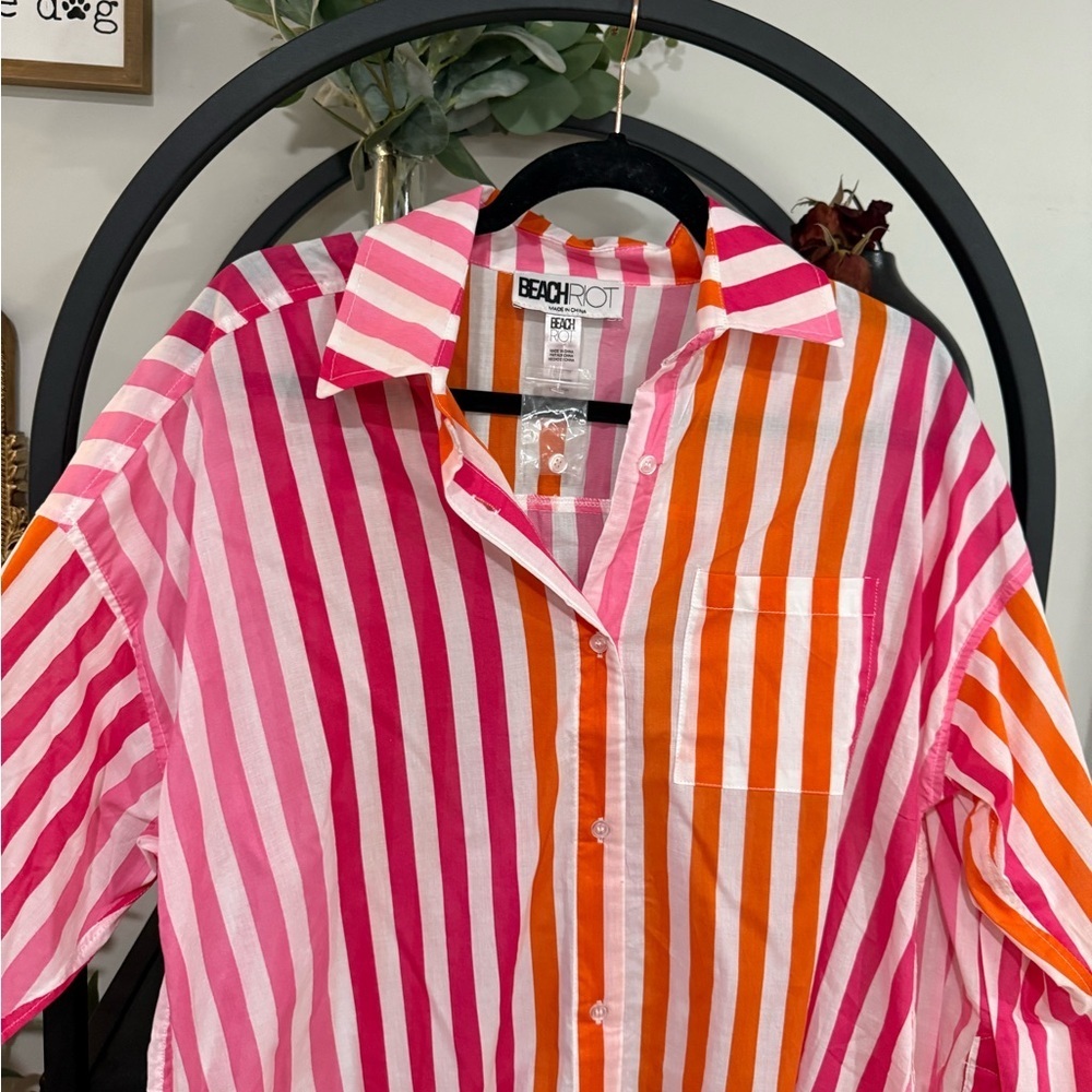 Beach Riot Pink and Orange Striped Button Down Shirt coverup large / XL - Picture 5 of 6